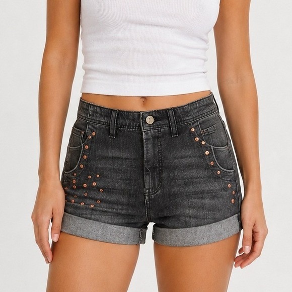 Pilcro and the Letterpress Pants - Pilcro The Lonnie Cuffed High-Rise Denim Shorts 26 Studded